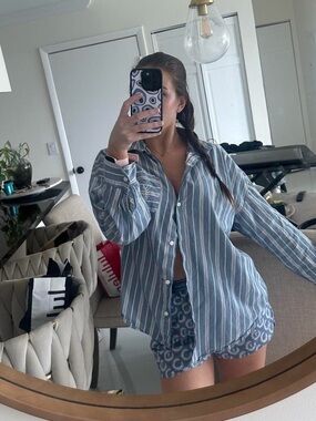 VS Striped Button-Down Sleep Shirt and Short Set in Blue